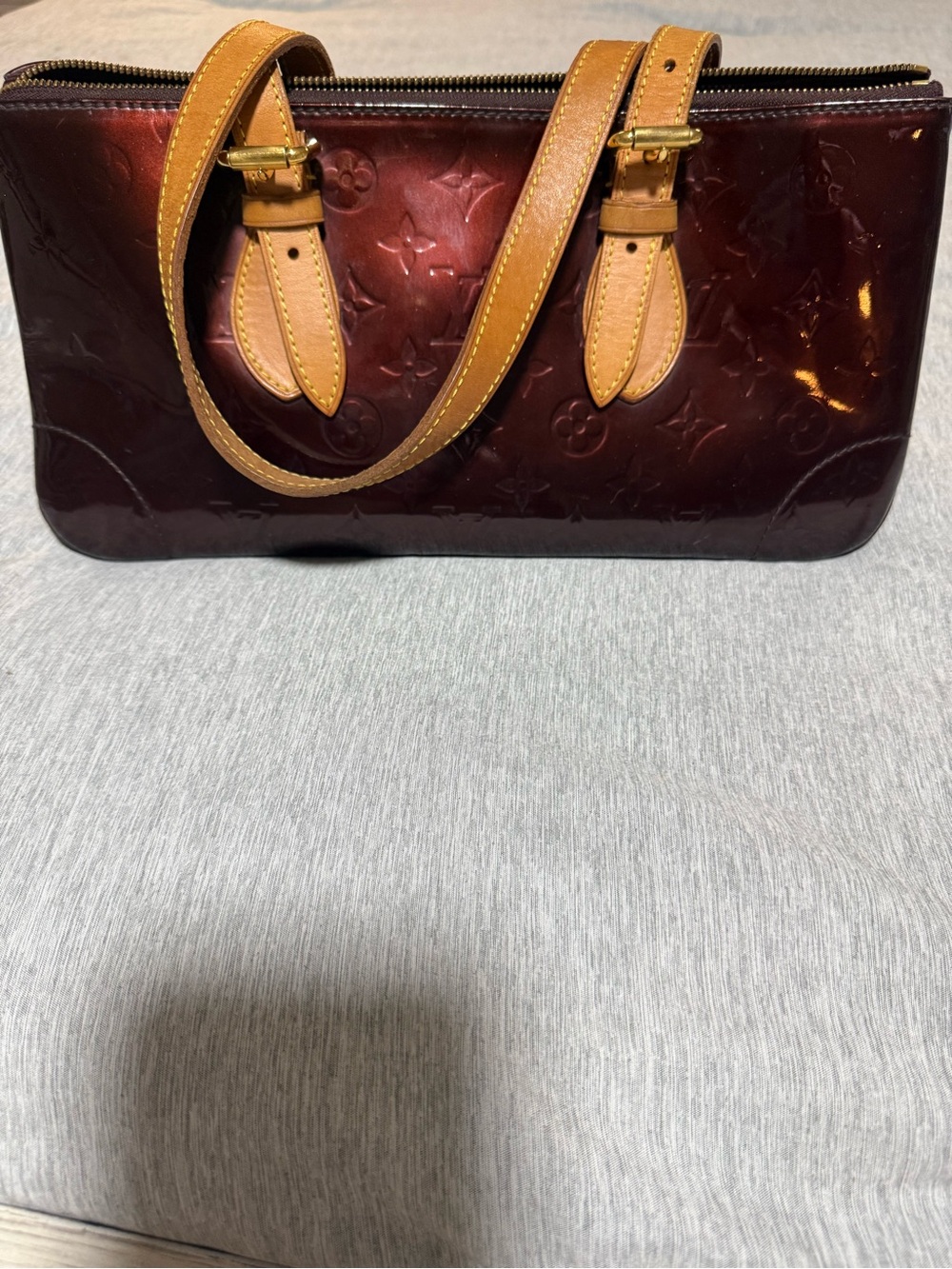 Louis Vuitton Burgundy Vernis Patent Leather Shoulder Bag with Tan Handles
